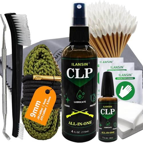ILANSIN Bore Cleaner CLP Oil Needle+Spray,Gun Cleaning Kit for 12Ga / 5.56 / 9mm Gun Cleaning Snake,Gun Cleaning Supplies with Gun Cleaning Patches,6'' Gun Cleaning Swabs,Gun Brushes,Picks,Jag,Tip