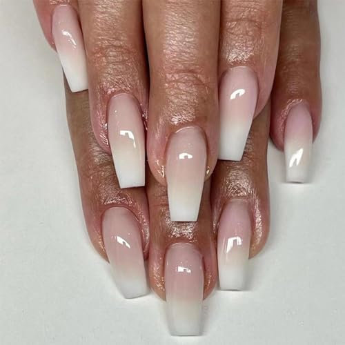 24pcs Coffin False Nails Medium Length Press on Nails Pink White Ombre Fake Nails Glue on Nails Removable Stick on Nails Full Cover Fake Nails Women Girls Nail Art Accessories