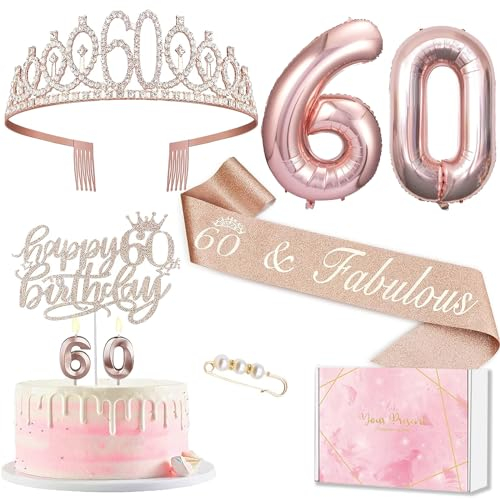 Deko 60 Geburtstag Frau, 60. Geburtstagskrone und Schärpe, Happy Birthday Tortendeko und Kerzen, Roségold Folienballon 60, Geburtstagsgeschenk für 60 Jahre Frau