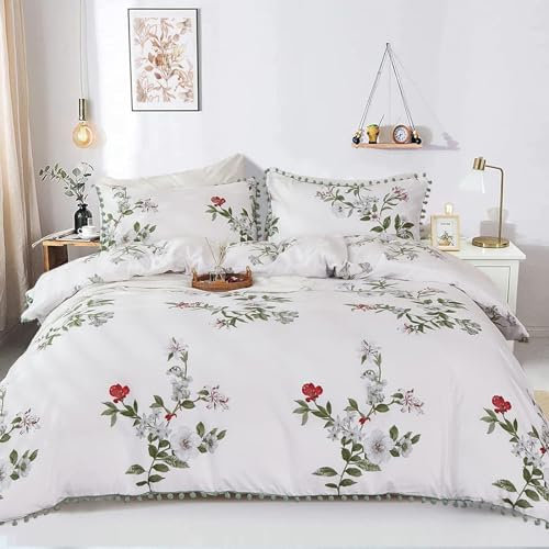 Freyamy Bettwäsche 200x200cm 3teilig Weiß Bunt Blumen Pompons Wendebettwäsche Microfaser Weiche Bettwaren-Sets Romantisch Florale Mädchen Bettbezug mit Reißverschluss und 2 Kissenbezug 80x80cm