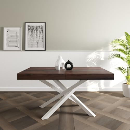 VE.CA – Ausziehtisch aus Polynesien – mit Ablage für Verlängerungen – Gestell aus weißem Stahl – Holzplatte 150 x 90 cm – Höhe 80 cm – ideal für Esstisch – Made in Italy (Nussbaum)