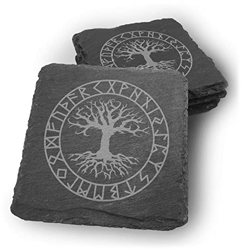 Samunshi® Schiefer Untersetzer Yggdrasil mit Runen Gravur für Gläser - 4er Set Design Glasuntersetzer in dunkelgrau für Getränke, Tassen, Glas - Getränke