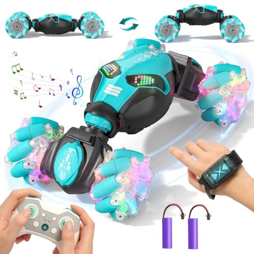 Sunrad Remote Control Cars, 4WD RC Stunt Car with Gesture Sensing,2.4GHz RC Drift Car with LED Light and Music,360 Flips RC Car Kids Toys for 6+ Year Old Boy Kids Birthday Presents Blue