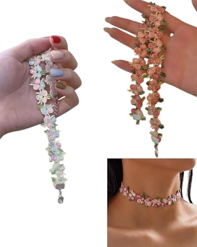 QLEUIFT 2 pcs Boho Blume Spitze Choker Halskette rosa Rose Choker Kette Vintage Blumen Choker Kragen Schmuck für Frauen Teenager Mädchen,