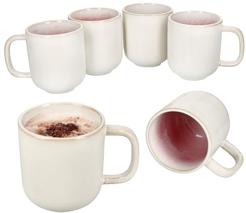 MamboCat Lot de 6 tasses à café Reactive Glaze Paris - 350 ml - Crème et rose - Avec anse pour 6 personnes et design moucheté - Cappuccino, thé, etc.