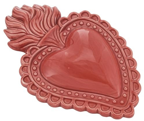 Baroni Home Cuore Sacro Ex-Voto in Ceramica Dipinta a Mano con Fiammella, Arte Sacra Tradizionale, Decorazione da Parete per la Casa, Corallo, 16x11 cm