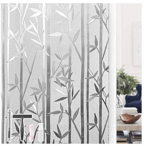 FINNEZ Film Occultant Fenêtre, Film Electrostatique Vitre, Non Adhésif Opaque Anti-UV pour Décoration Cuisine, Bureau, Chambre à Coucher Motif de Bambou 44,5X200CM avec Outils