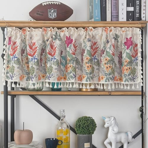 Skcess 1PCS Curtains for Bedroom Grün Orange, Polyester Baumwolle Halbtransparente Gardinen, Vorhänge Blumen Blätter Mit Quaste Gardine Kurz 150X60CM