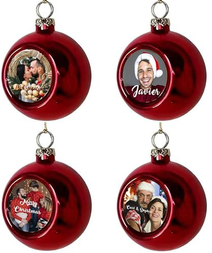 Packung mit 4 personalisierten Weihnachtskugeln mit Foto und Text. Weihnachten Schneekugeln. Personalisierte Christbaumkugeln. Weihnachtskugel Selbst Gestalten. Boltze Weihnachtsdeko. Deko Weihnachten