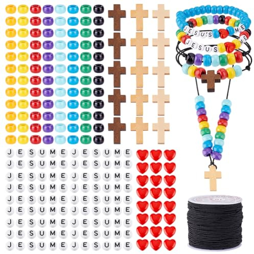 PH PandaHall 575pcs Buchstabenperlen zum Armbänder 36 Sets Perlenarmband Bastelset Jesus Liebe Mich Perlen Regenbogen Perlen Holzperlen Kreuz Anhänger Für Halsketten Armbändern Ostergeschenke
