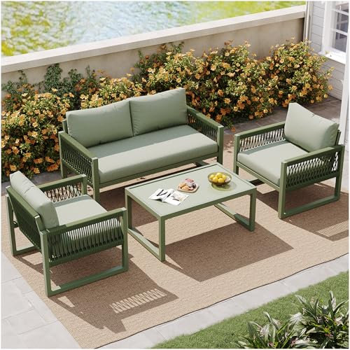 Lubvtti juego de 4 sillas de hierro galvanizado, mesa y mobiliario de jardín, silla de cuerda con cojines, patas ajustables, tablero de cristal