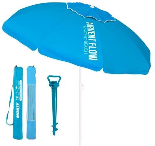 LOLAhome Sombrilla playa 180 cm y soporte arena, protección UV+50, sombrilla antiviento, varillas flexibles fibra vidrio, techo ventilación, mástil inclinable y regulable altura, bolsa transporte
