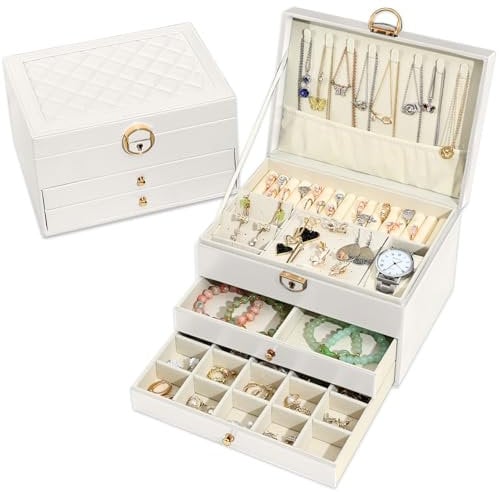 Granbest 3 Layers Jewellery Box with 2 Drawers, Elegant Jewellery Organiser, Leather Jewellery Storage Case Ideal for Necklaces, Bracelets, Rings and Earrings (White)