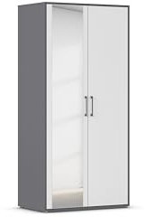Rauch Möbel Hamilton, Kleiderschrank, Schrank, Garderobe, Organizer, 2-türig, mit Spiegel, Farbe Weiß/Grau metallic, Schwarz, Stangengriff Grau metallic, 93x194x54cm
