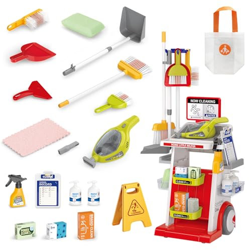 RedCrab Kit de Nettoyage pour Enfants, 23Pcs Kit Menage Enfant avec Aspirateur, Brosses et Pelle à Poussière, Chariot Menage Enfant Jeu de Rôle Jouet pour Enfants 3+ Ans (Rouge)