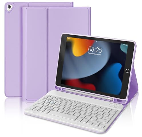 Clavier Coque pour iPad 9ème/8ème/7ème Génération 2021/2020/2019 10.2”/iPad Air 3 10.5 2019/iPad Pro 10.5, AZERTY Français Magnétique Amovible Clavier Bluetooth Etui avec Porte Crayon, Pourpre