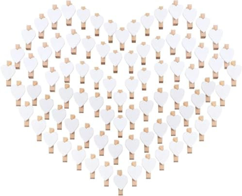 100 Herz Wäscheklammer klein, Holzklammern Holzwäscheklammern Mini klein 3,5cm für Foto Handwerk Clips Deko Fotos Fotowand Bilder Collagen Postkarten Geschenke, Hochzeit, Adventskalender Deko(Weiß)