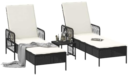 vidaXL Sonnenliege 3 STK. Poly-Rattan Schwarz und Cremeweiß | Genieße bequemes Liegen mit verstellbaren Armlehnen für die perfekte Position, Hergestellt aus hochwertigen Materialien,