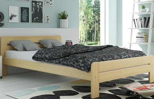 Interbeds Holzbett Bettgestell aus Holz Doppelbett Schlafzimmerbett Bettgestell aus Holz mit Lattenrost aus Massivholz (Natur, 140x200)