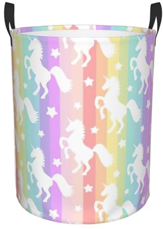 Unicorns On Colorful Stripes Print Large Storage Basket,Laundry Hamper Bathroom Home Decor Collapsible Round Storage Bin,Boys and Girls Hamper