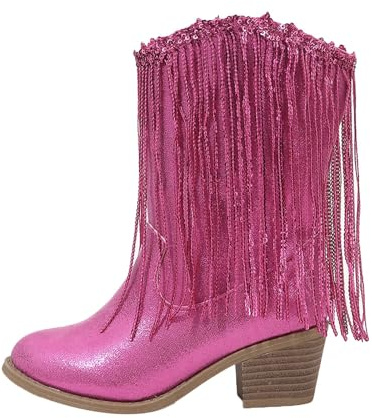Bottes pour filles UK Frange Décoré Talon Bloc Cuir Western Cowgirl Bottes Hiver Automne Mode Enfants Bottes Courtes Enfants Antidérapants Pompon Chaussures Chaussures