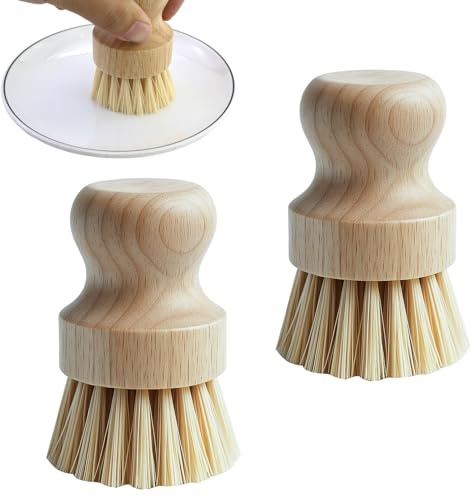 2 Pezzi Spazzola per piatti in bambù, spazzola rotonda da cucina, in legno, per funghi, stoviglie per la pulizia delle stoviglie