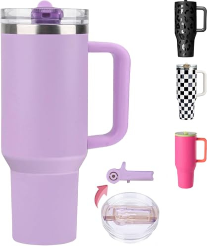 ZHUIYIWIN Tumbler with Folding Straw and Handle, Water Bottle Coffee Cup Travel Mug for Cold or Hot Drinks, Double Wall Stainless Steel Vacuum Insulated Tumbler (Deep Purple, 1180 ml)