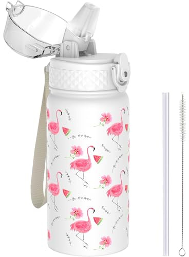 GOPPUS 420ml/14oz Kids Insulated Water Bottle with Straw Cute Double Wall Stainless Steel Child's Small Flask Vacuum Insulated Steel Metal Leak Proof Drink Flask Boys Toddler Girls Bottles BPA-Free