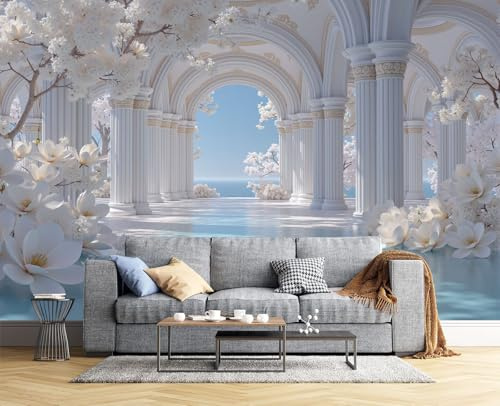 Blanc Bleu Papier Peint Murale 350x256cm (L×H), Luxe Paysager Fleurs Magnolia Colonnes Arquées Panoramique Image, Photo Wallpaper Tapisserie pour Salon, Adulte Chambre d'enfants, Étude Décoration