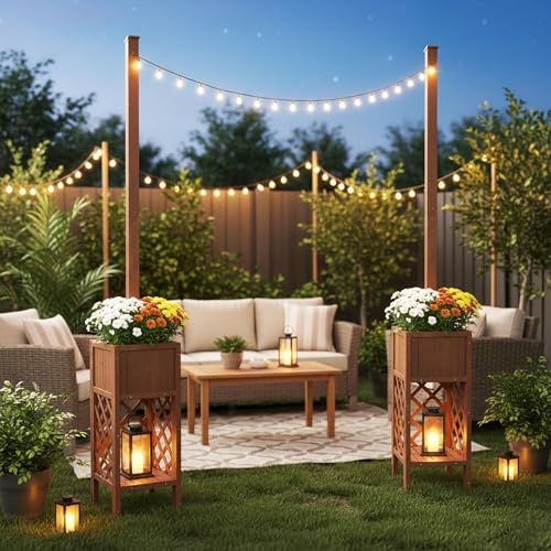 TinFrey 2er Set Lichterkettenstangen für Außen mit Pflanzkübel, 264cm Hoch, Wetterfestes Holz & Windbeständig, 3-in-1 Lichterpfosten Ständer für Lichterketten, Garten, Terrasse & Hochzeit (Ohne Deko)