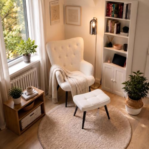Clevich Ohrensessel - Gemütlicher Loungesessel mit Hocker, Lesesesselaus, Chenille Armchair für Wohnzimmer & Schlafzimmer - Bis 168kg (Weiß)