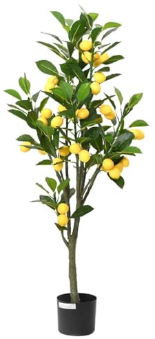 LoogCape Árbol de limonero artificial de 120 cm con 136 hojas y 38 limones para decoración interior y exterior, estable, realista