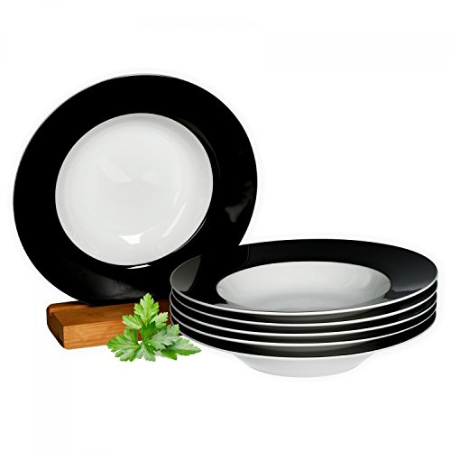 van Well Vario Suppenteller-Set 6-teilig - Teller-Service für 6 Personen - tiefe Pasta-Teller mit Rand in Schwarz