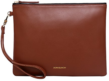 Doris&Jacky Damen Echtes Leder Clutch Schaffell Geldbörse Abendtasche mit Handschlaufe (Braun)