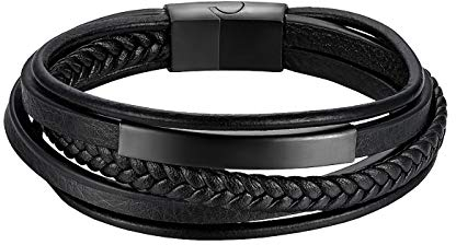 JewelryWe Personalisiert Lederarmband Armband Herren: Schwarz Leder Echtleder Edelstahl Ident-Armband mehrreihig handgemacht geflochten Manschette Armreif Wickelarmband mit Gravur Vintage Punk Schmuck
