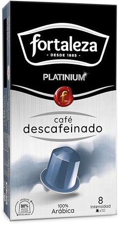 Café Fortaleza Platinium - Cápsulas Compatibles con Nespresso, de Aluminio, Descafeinado al Agua Swiss Water, 100% Arábica, Tueste Natural, Pack 8x10 - Total 80 uds