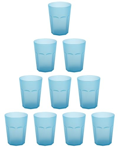 Engelland - 10 x Plastikbecher, Trinkbecher, Hell-Blau, Frostoptik, 250 ml, mit Eichstrich, bruchfest, stapelbar, Mehrweg, Kunststoff, wiederverwendbar, Party-Becher, Trink-Glas