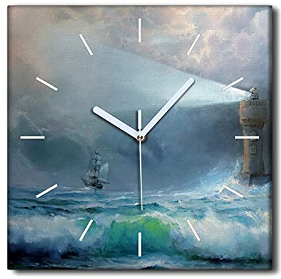 Coloray Uhr auf Leinwand - Weiße Hände - 30x30cm Wandkunst Wandgemälde Dekoration Moderne Kunst Wohnzimmer Schlafzimmer Lautlos Nicht Tickend - Leuchtturm Sturm
