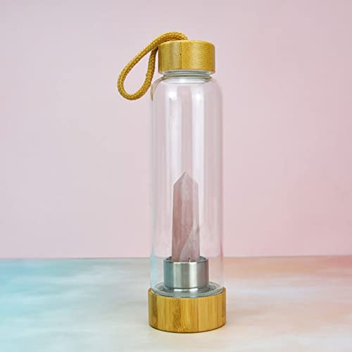 BiiKoon Bouteille d'eau Infusée Cristal Guérison Tasse Eau en Pierre D'énergie Pierres Précieuses Naturelles avec Couvercle Bambou Bouteilles Verre (Color : Pink Crystal, Size : 500ml)