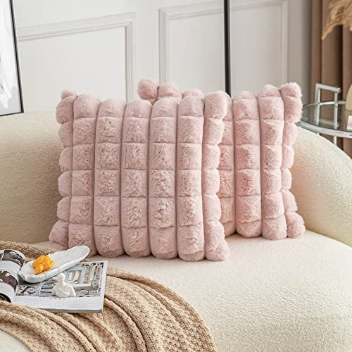 Neelvin Pink Kunstpelz Gemütliche Weiche Kariert Dekorative Kissenbezüge 16x16 Zoll, Set aus 2, Samt Kissenbezug Kissenhülle für Sofa Couch