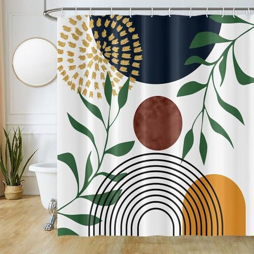 Uiiooazy Tenda Doccia Astratta, Foglie Verdi Boho Blu Oro, Antimuffa Impermeabile in Poliestere Lavabile, Opaca per Vasca da Bagno con 12 Ganci 200Lx180Acm