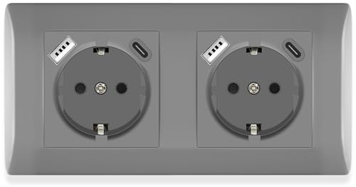 BSEED Steckdose Unterputz mit Steckklemme 16Amp, Doppelsteckdose Unterputz mit USB/TYPE C Port 2.1A, 2 Fach Steckdose mit PC Rahmen, Schuko Steckdose mit USB Anschluss Unterputz Grau - 152 mm