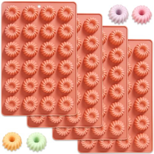 Fchil 4 pcs Bundt Cake Pans for Baking, 96-Cavity Nonstick Mini Fluted Bundt Cake Pan, Mini Donuts Bundt Cake Silicone Molds for Mousse Cupcake Chocolate Jelly Pudding Dessert, Terracotta