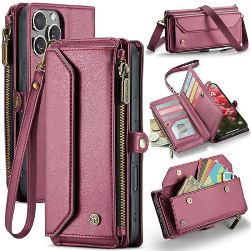 FONREST Leather Purse Bag Case for iPhone-16-Pro-Max, Magnetic Flip Wallet Cover with Kickstand RFID Blocking Card Holders Cash Slot Zipper Pocket Crossbody Lanyard Wrist Strap (Red)