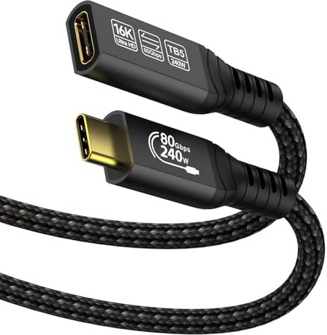 USB C Extension Cable 80Gbps for Thunderbolt 5 Support 240W Charging and 16K/8K Display, Type C Extender Cord Male to Female Compatible with USBC Hub/iPhone16/MacBook/iPad, 0.5m
