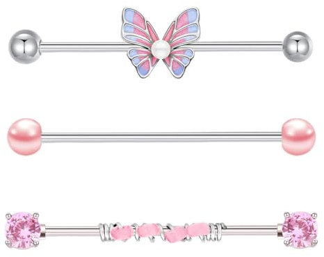 Besyvvin 3pcs 38mm Industrial Bars Pink Stainless Steel 14G Scaffold Barbell Industrial Piercing Jewellery CZ Butterfly Pearl