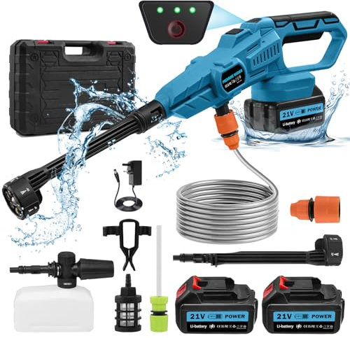 Sararoom Cordless Pressure Washer, 21V Portable Pressure Cleaner with Adjustable 6 in 1 Nozzle, High Pressure Washer Kit with 2 X 3.0 Ah Battery, 5M Hose, Foam Pot for Car, Floor, Garden Cleaning