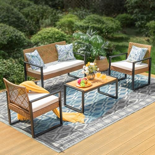 MFSTUDIO 4-Piece Rattan Garden Furniture Set, Outdoor Lounger Set, Wood Tea Table and Chairs, Tabletop is solid Acacia Wood,Handwoven PE Wicker, Beige Cushion
