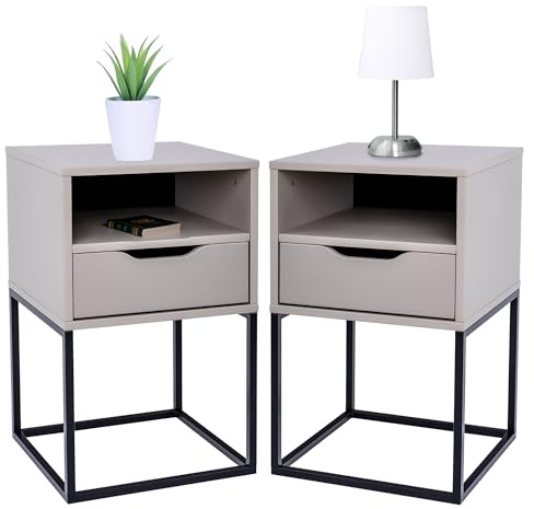 POSNORD Nachttisch 2er Set mit Schublade | 38 x 63 x 36 cm (BxHxT) | Hoher Schmaler Nachtschrank für Boxspringbett | Moderne Nachtkommode aus MDF & Metall | Nachttisch Beige