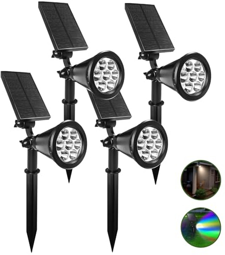 Fosingut RGB Luces Solares LED Exterior Jardin,2 en 1 Focos LED Exterior Solares Impermeable IP65,RGB Aplique Solar Lámparas de Jardín para Césped,Patio,Terreza,Piscina,Árboles,Camino,Entrada-4 Piezas